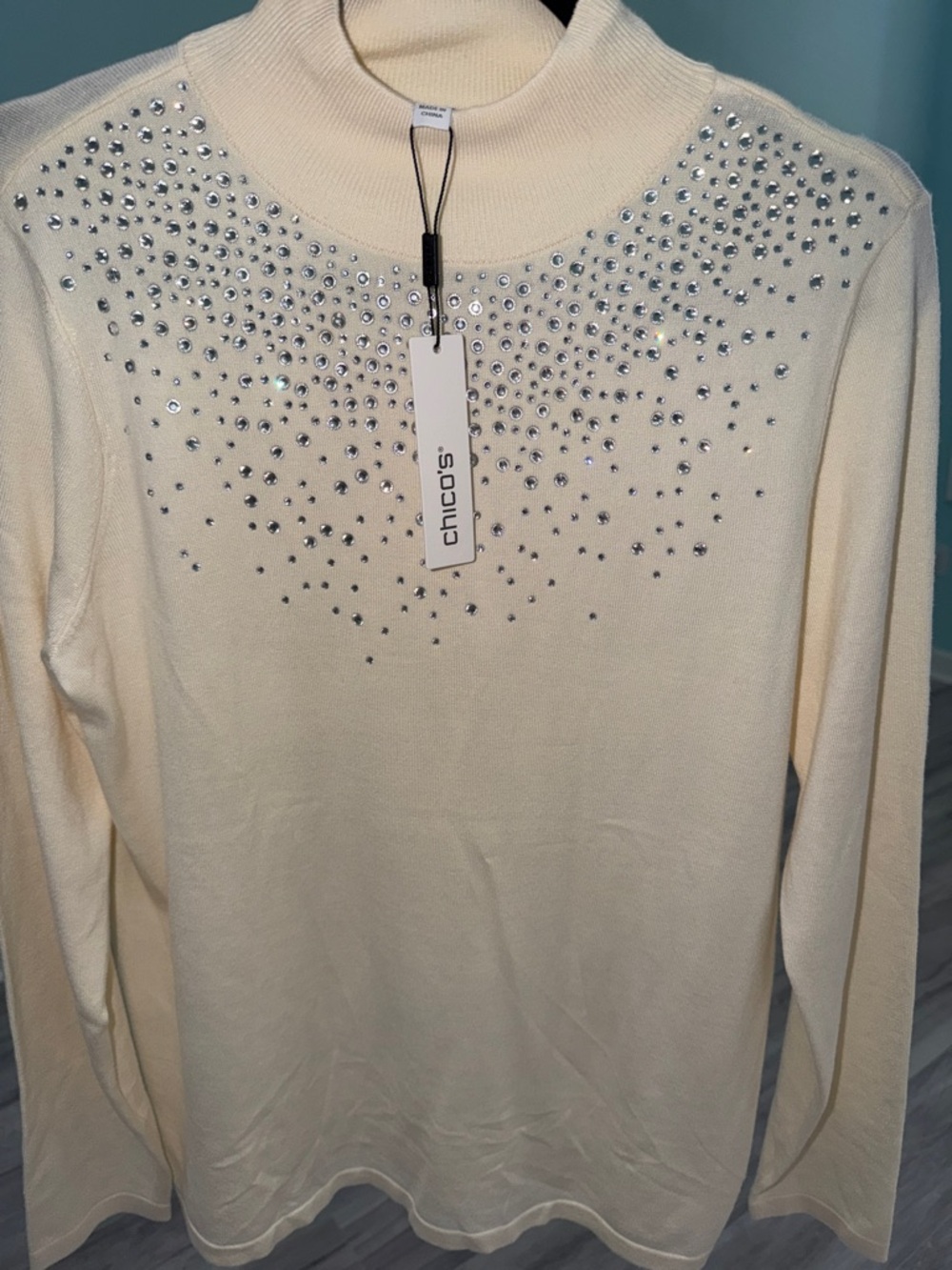 Chico's Cream Crystal-Embellished Turtleneck Long Sleeve Top